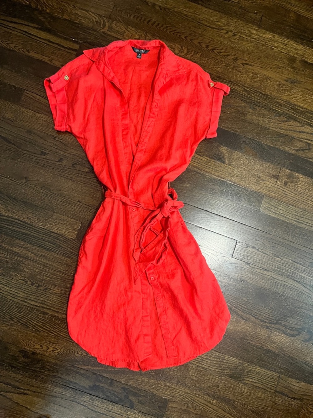 Lauren Ralph Lauren Bright Red Button-Front Shirt Dress with Tie Waist